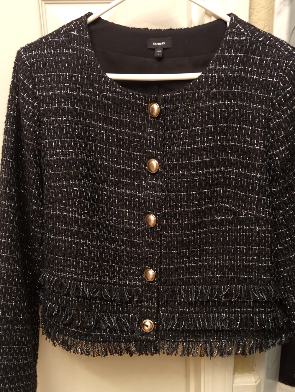Express Black and Blue Tweed Fringe Jacket with Gold Buttons